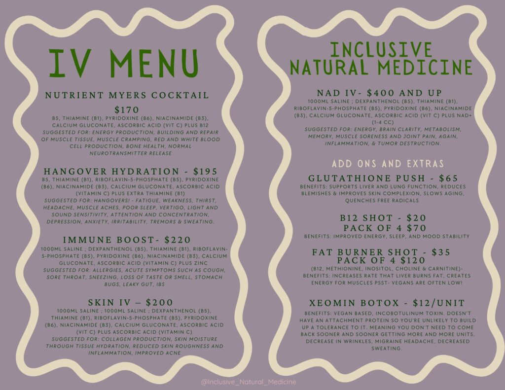 IV Intravenous Therapy Menu from Inclusive Natural Medicine a Doctor's office in Tempe, Arizona by Dr. Katie Schneller.