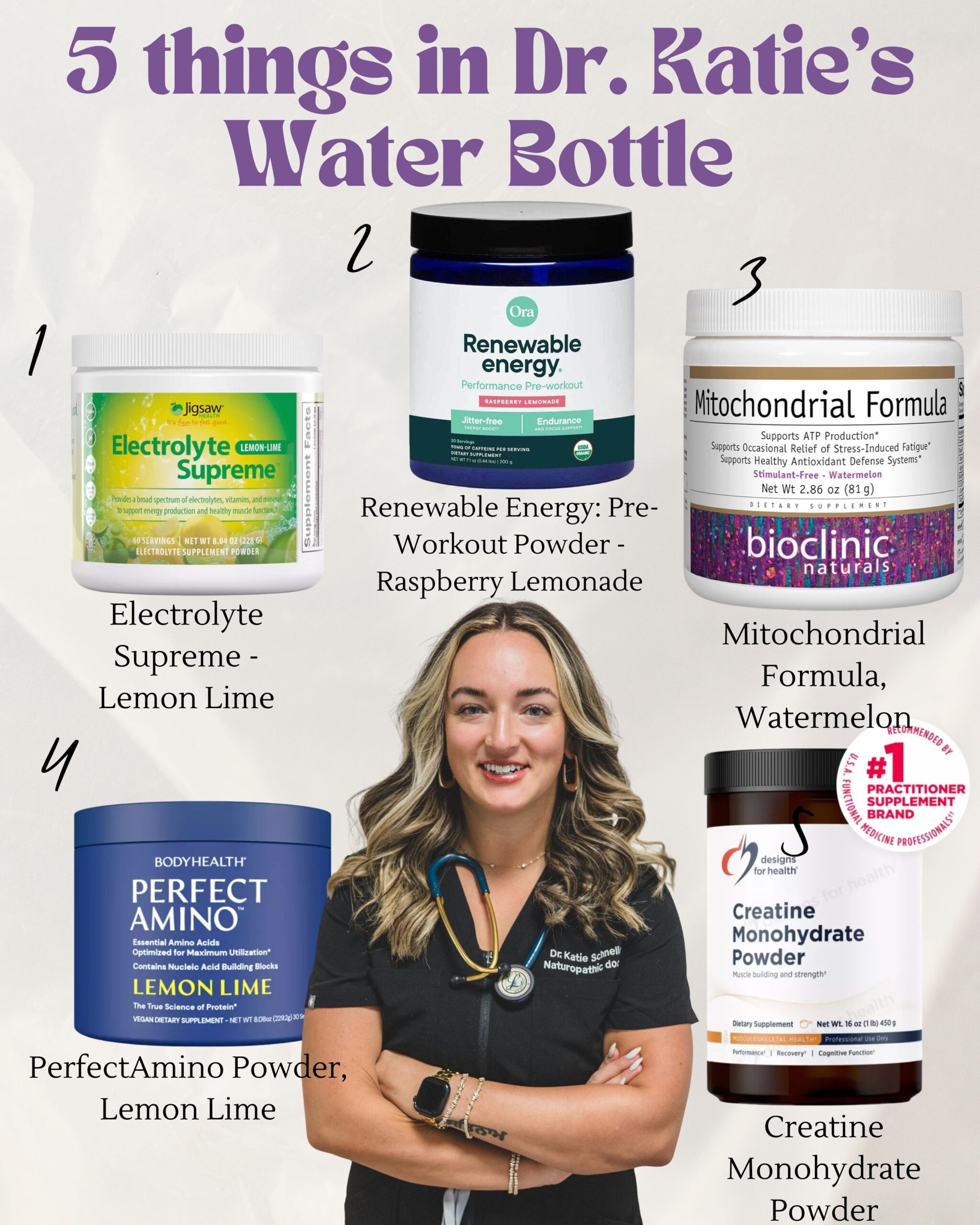 Dr. Katie is five favorite supplements in her water bottle before a work out.